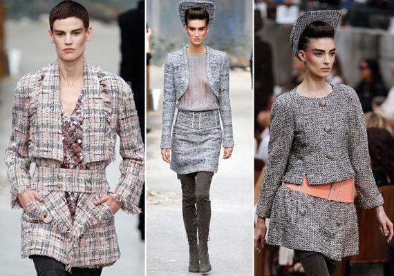 KLASSIKERE: De korte tweed-jakkene fra Chanel går aldri av moten. I den nye haute couture-kolleksjonen ble de kombinert med glitrende og matte plagg. Foto: NTB Scanpix