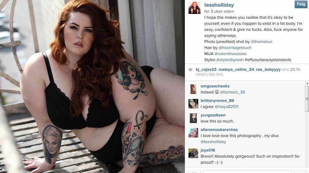 ROLLEMODELL: Tess Holliday har en haug med følgere på sosiale medier, og legger ut bilder, tekster og slagord for å inspirere kvinner til å elske den kroppen de har. Foto: Skjermdump fra Instagram