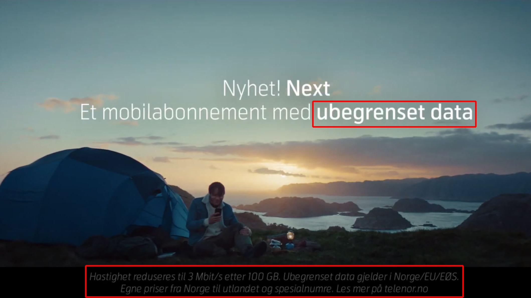 Måten Telenor synliggjør begrensningene i Next-abonnementet i reklamevideoer er for dårlig, mener Forbrukertilsynet. 