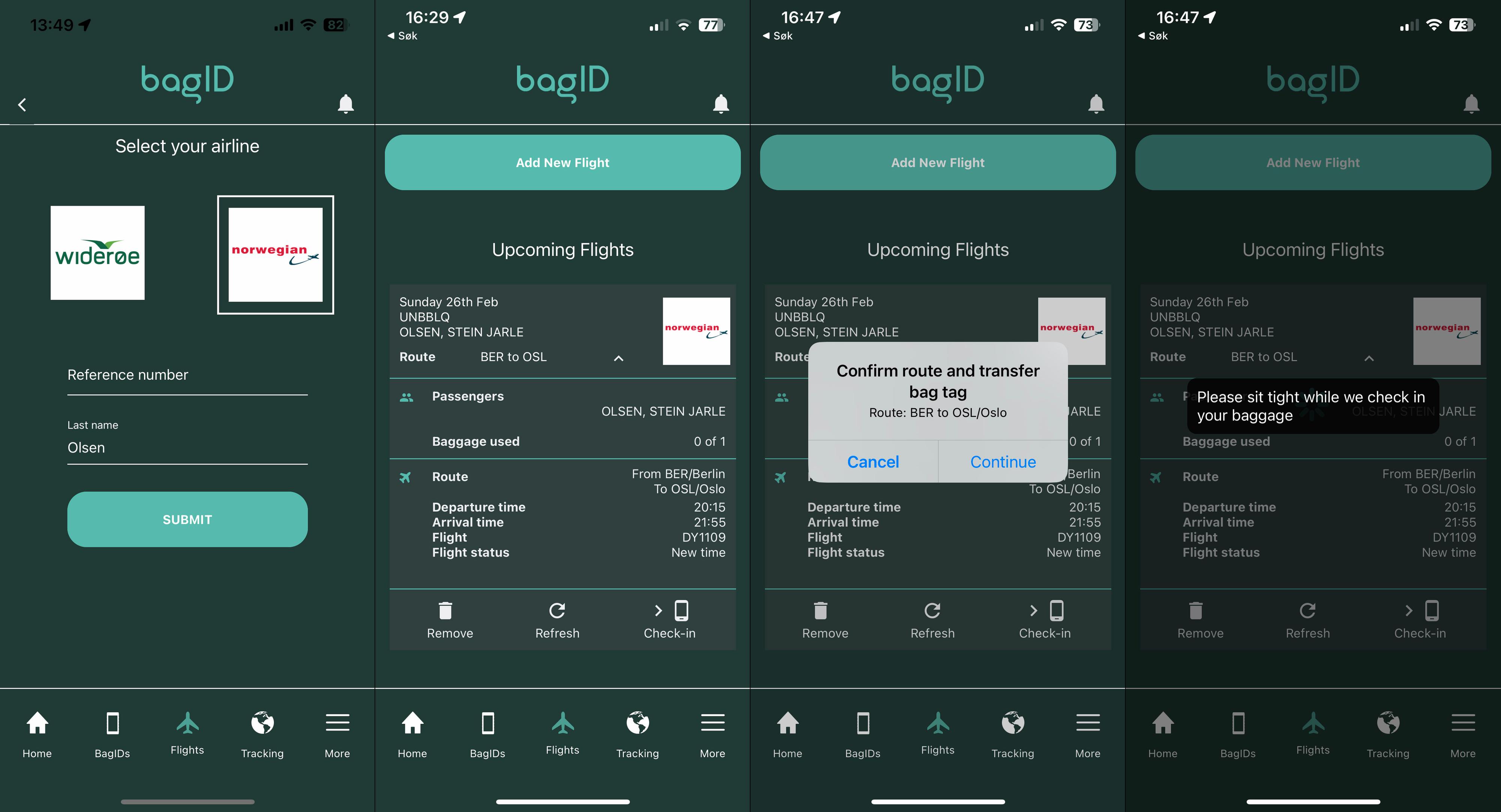 Slik sjekker du inn bagasje med BagID. Først må du imidlertid ha sjekket inn i flyselskapets app. 