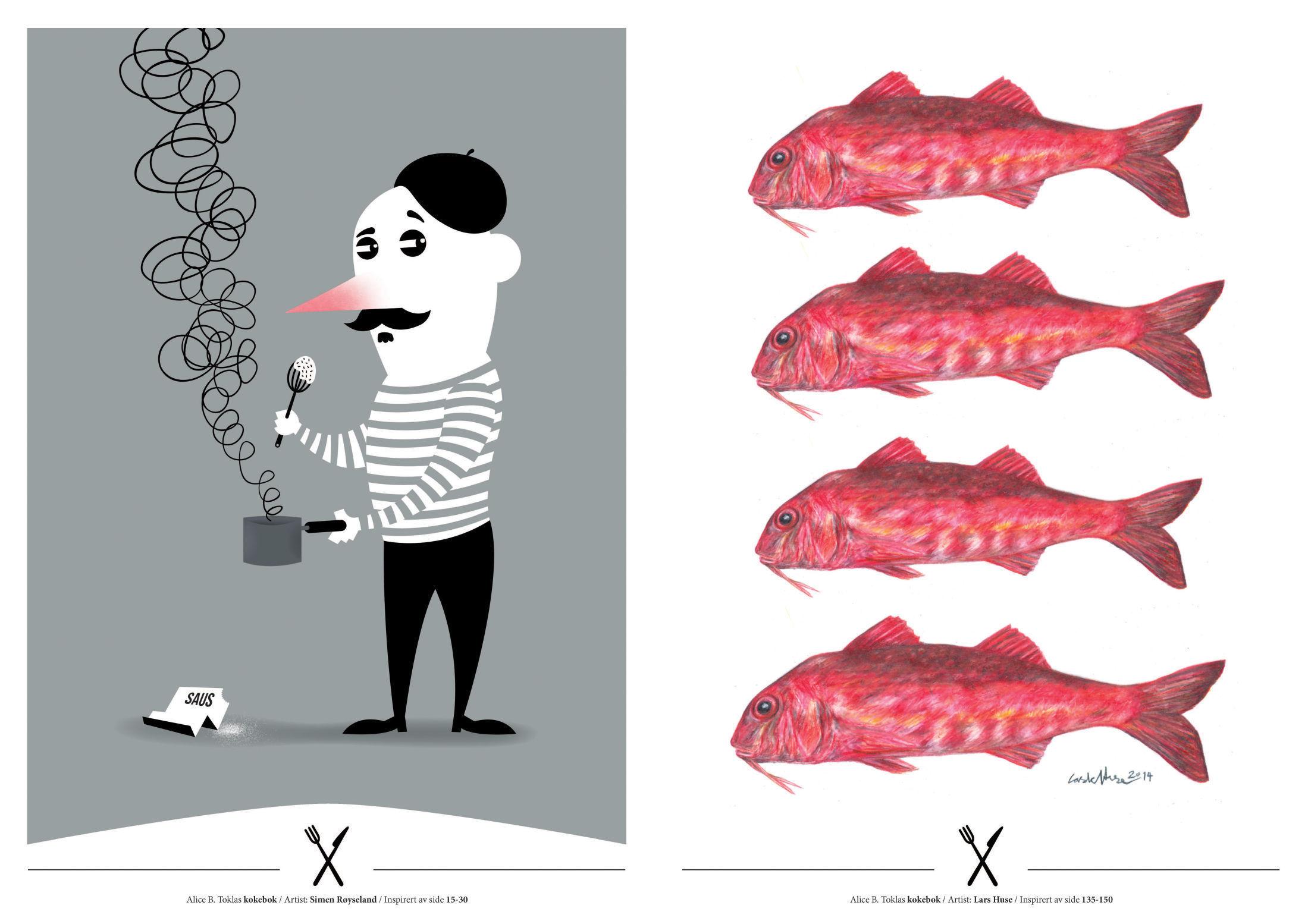JUBILEUMSUTGAVE: Grapefrukt forlag har gitt en ny generasjon av unge illustratører oppgaven å tolke kokeboken med sine samtidsøyne. Her illustrasjoner av Simen Røyseland (til venstre) og Lars Huse.