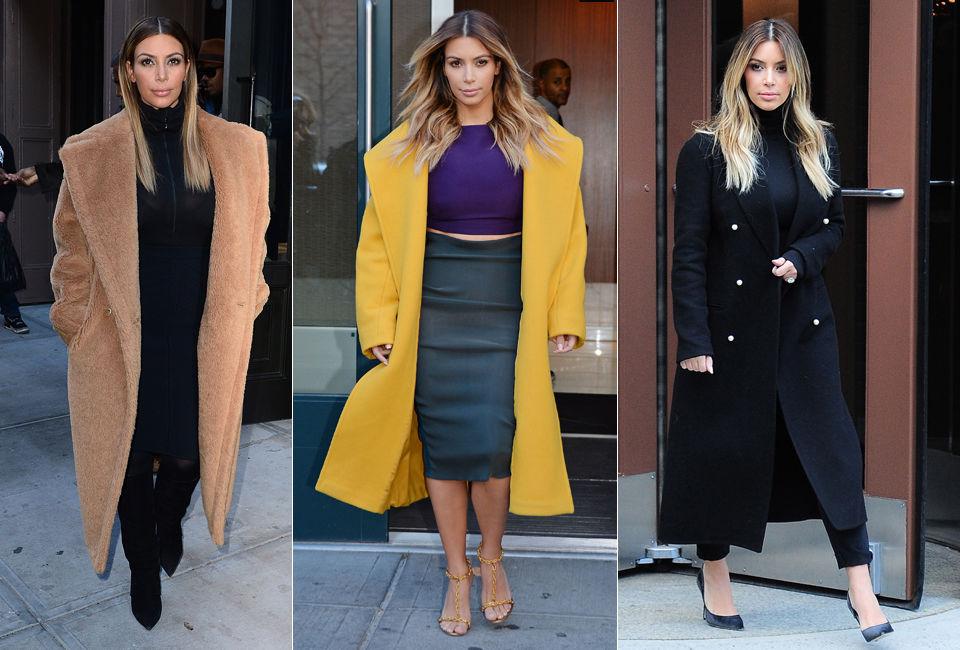 KÅPER SEG OPP: Kim Kardashian (33) kler seg ofte i vide og lange kåper. De tre kåpene på bildet er blant Kardashians favoritter, og hun bruker dem både til hverdags og til fest. Foto: Getty Images/ All Over Press
