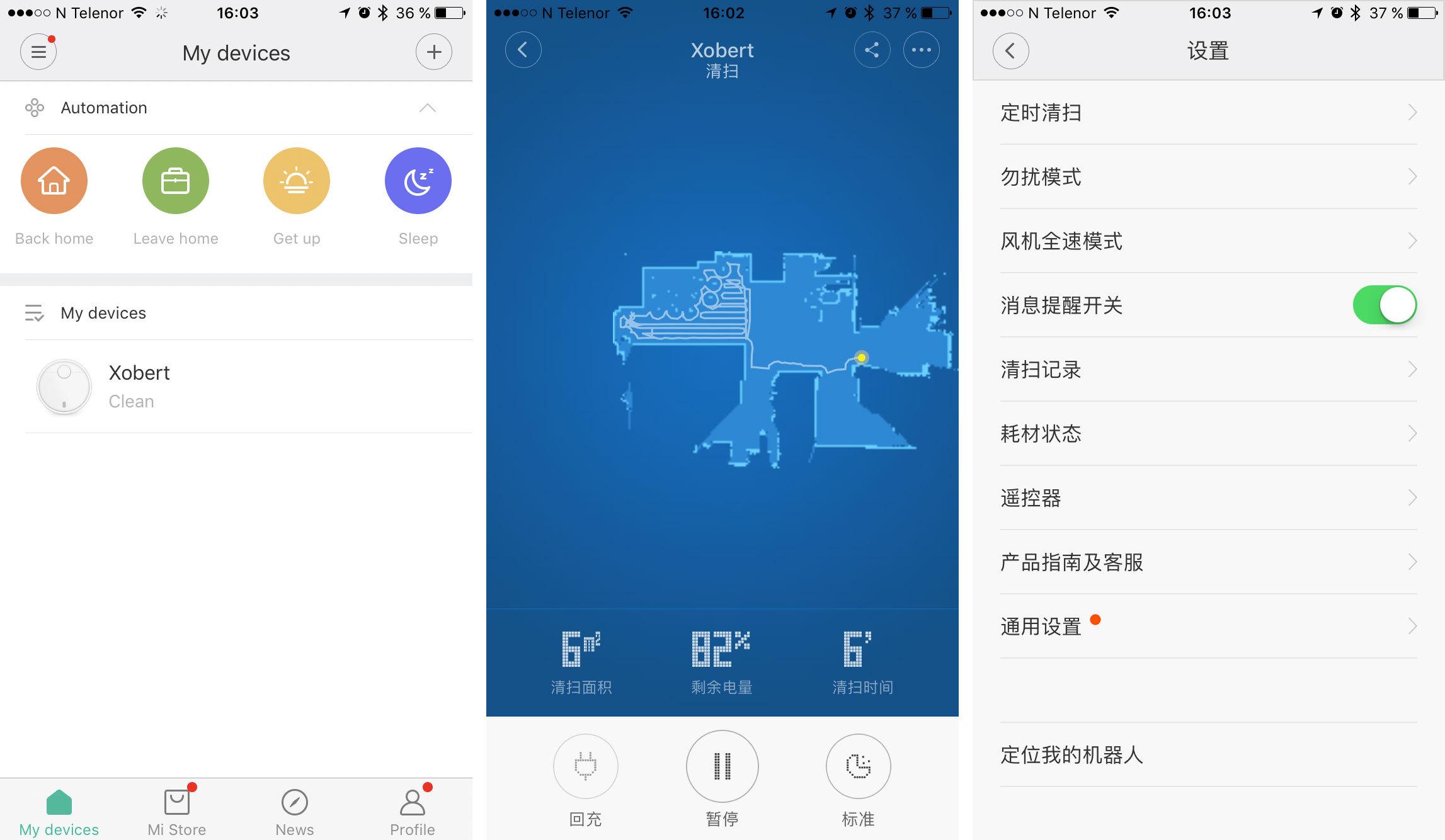 Startskjermen byr på et par engelske ord, men når du kommer deg inn i selve styringen av robotstøvsugeren er alt på kinesisk. Men appen er utrolig avansert, og du kan blant annet følge med på støvsugeren i sanntid, og se hvor i rommet den er og hva sensoren på toppen "ser".