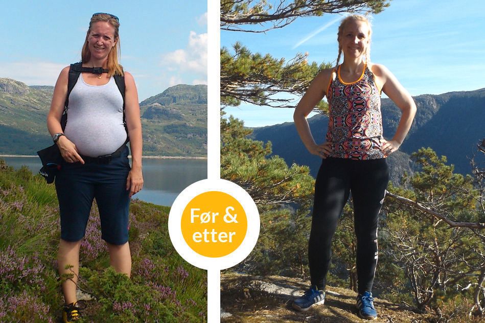 «MAMMAKILOENE»: Trude har aldri vært overvektig, men opplevde at kiloene hun gikk opp under to graviditeter var vanskelig å bli kvitt. Bildet til venstre ble tatt sommeren 2014 mens hun var gravid. BIldet til høyre er tatt ett år etter. Alle foto: Privat