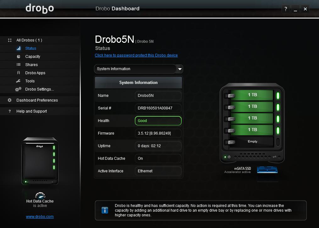 For oppsett og oppretting av brukere eller mapper må du bruke Drobo Dashboard.