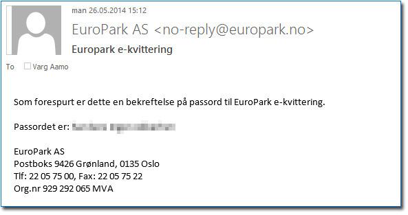E-posten fra Europark inneholdt passordet akkurat slik det ble skrevet under registrering.