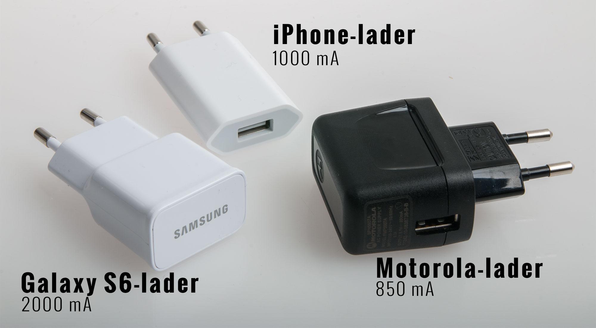 Disse tre laderne, i tillegg til USB-utgangen til en MacBook Pro, ga vidt forskjellige resultater. Foto: Kurt Lekanger,Tek.no