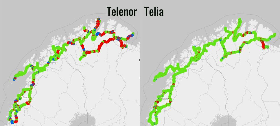 I Nord-Norge er det svært stor forskjell på 4G-dekningen til de to operatørene. Telia har 4G nærmest overalt, mens Telenor fortsatt har store strekninger med 2G. Rødt er 2G, blått 3G og grønt 4G.