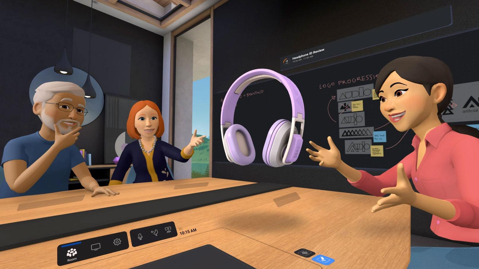 Slik ser Horizon Worlds ut, hvor en håndfull mennesker har samlet seg rundt et virtuelt møtebord for å titte på et par hodetelefoner. 