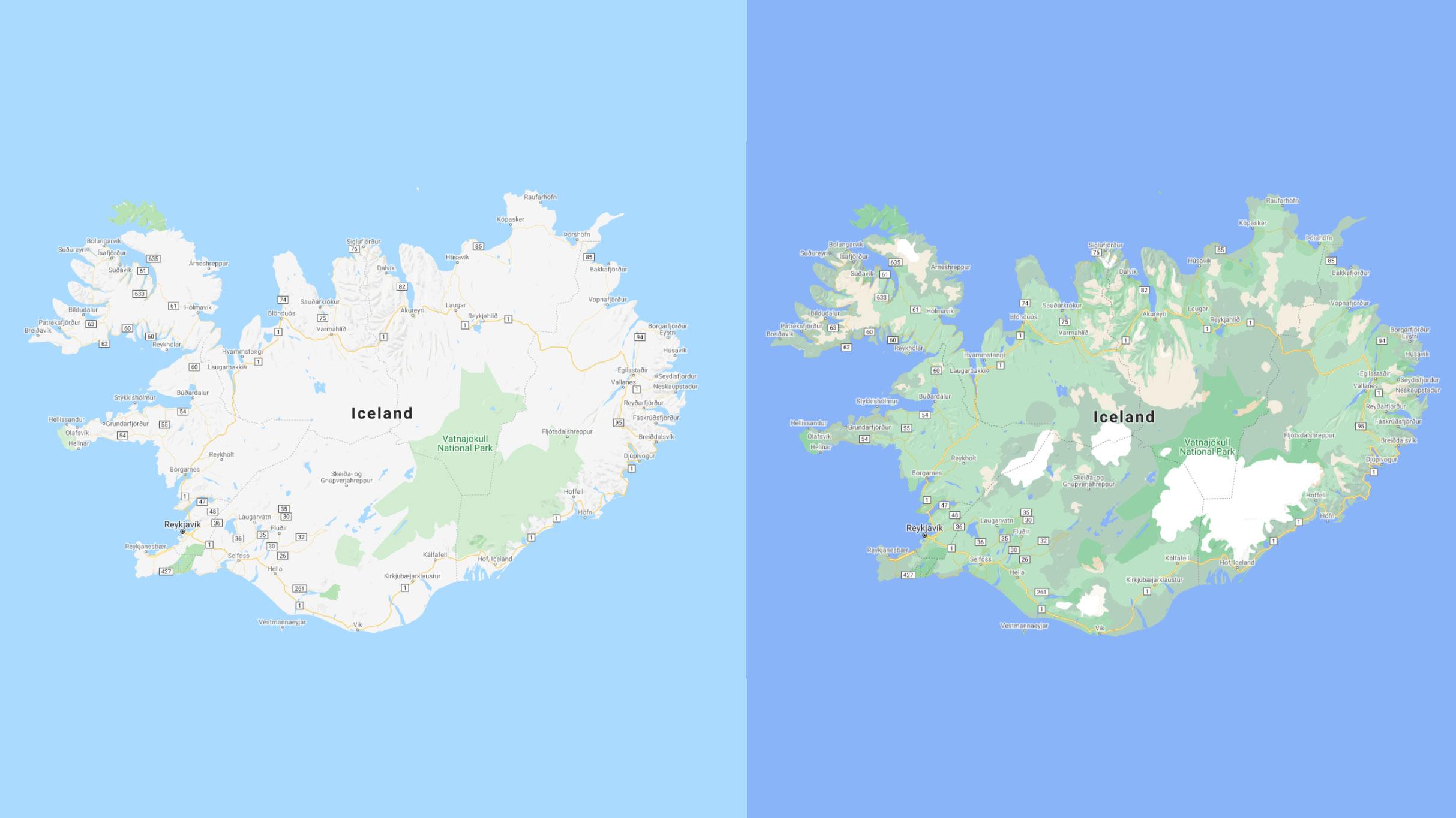 Det blir mye lettere å se de forskjellige naturområdene på Island etter oppdateringen, med tydelige skiller der isbreene ligger. 