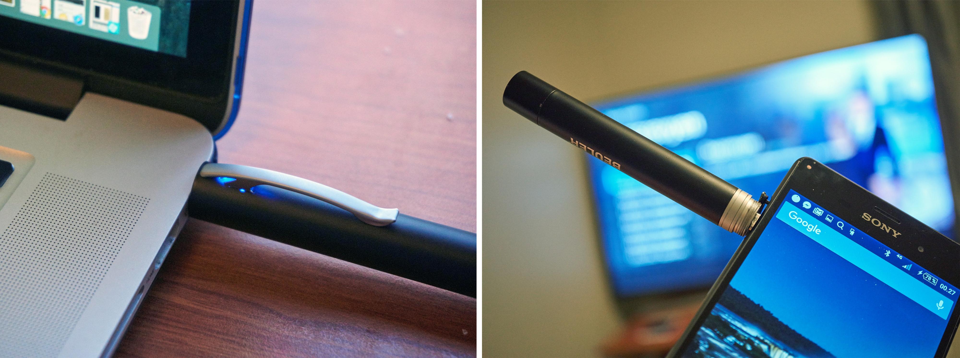 VENSTRE: Du kan lade Beüler Pen gjennom USB-utgangen på PC-en din. HØYRE: Laderen stikker ut av telefonen som en skikkelig brekkstang. Ikke heeeelt optimalt.