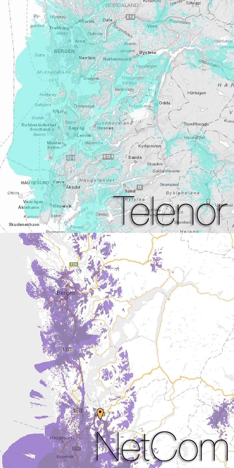 Dekningen din kan avhenge en del av hvilket nett du er i. Særlig når det kommer til 4G-dekning er dette sant, noe dekningskartene til Telenor og NetCom i Bergensområdet viser tydelig. Foto: NetCom/Telenor/Teknofil.no/montasje