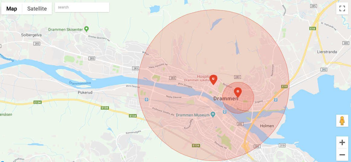 Ifølge DJIs nye kartdata er Drammen blitt en flyplass og ingen droner får ta av i hele området rundt, som er markert med rød sirkel.