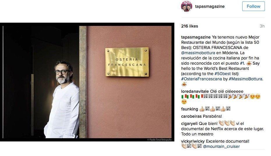 FØRSTEPLASS: Massimo Bottura driver nå verdens beste restaurant som ligger i hjembyens hans Modena i Italia. Foto: Skjermdump Instagram