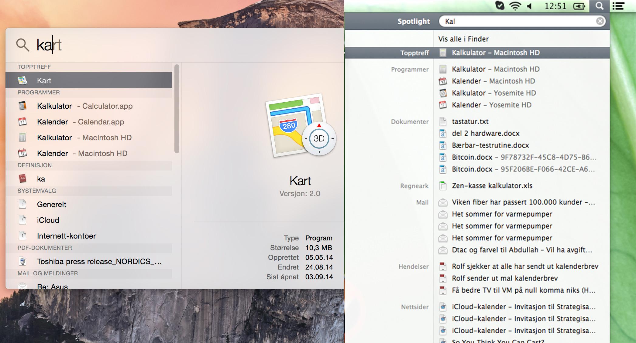 Spotlight for OS X Yosemite sammenlignet med gamle Spotlight i Mavericks.