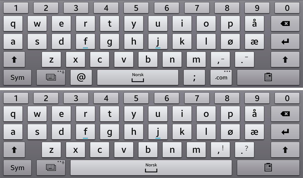 Tastaturet endrer seg litt, avhengig av hva du skal bruke det til. Øverst er tastaturet slik det ser ut når du skal skrive i et adressefelt. Nederst slik det ser ut når du skriver selve meldingen.