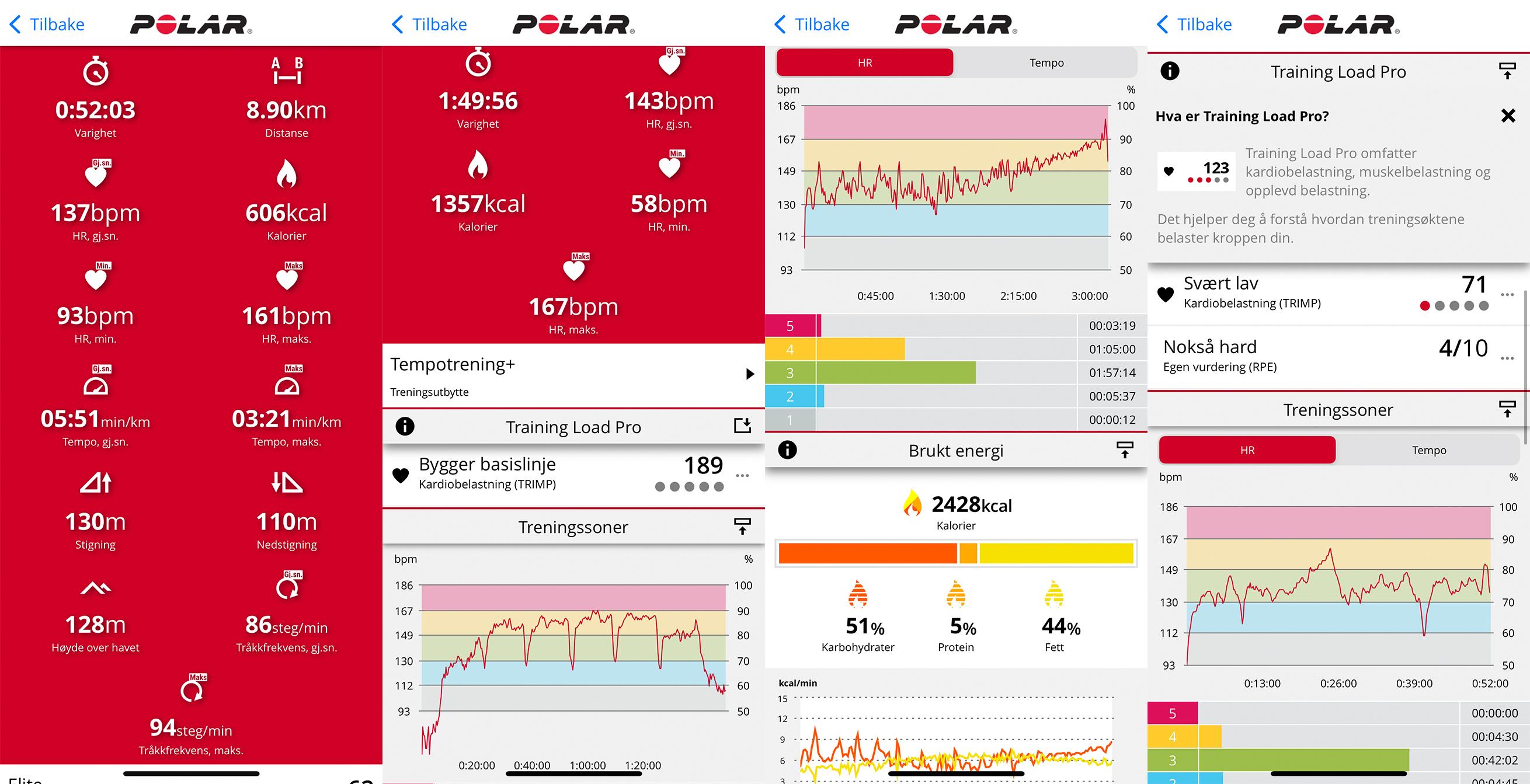 Eksempler på data du får fra H10 via Polars egen app.