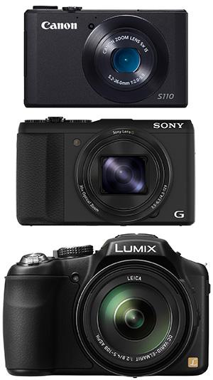 Her vises HX50V sammen med Canon Powershot S110 med 5x zoom og Panasonic Lumix DMC-FZ200 med 24x zoom (og mye bedre lysstyrke) for å illustrere størrelsen.Foto: Produsentene