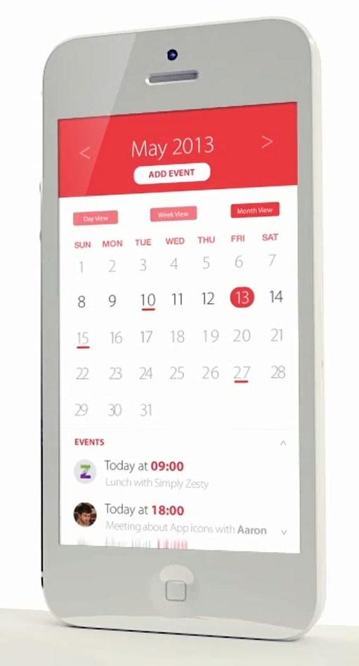 Kalenderen i iOS 7 kommer neppe til å se ut som i konseptvideoen fra Simplyzesty.com, men mange er ganske sikre på at brukergrensesnittet vil bli mer minimalistisk enn det er i dag.Foto: Simplyzesty