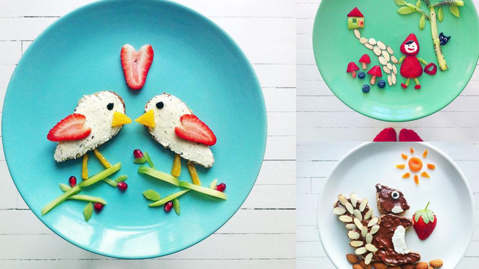 «BRØD-SKIVENES»: Matkunstnen til den norske Instagram-profilen IdaFrosk får stadig flere fans verden rundt. Her er et knippe av kunstnerens favoritter, fra venstre: Valentinesdag-brødfugler med kremost og frukt. Rødhette med frukt. Scones i ekornform med sjokoladepålegg, dekorert med gresk yoghurt og mandler. Foto: Ida Skivenes