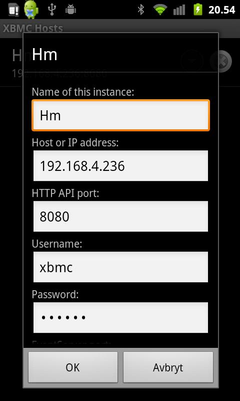 I XBMC Remote setter du inn PC-ens IP-adresse, port 8080 og brukernavnet og passordet som du satte opp på PC-en.