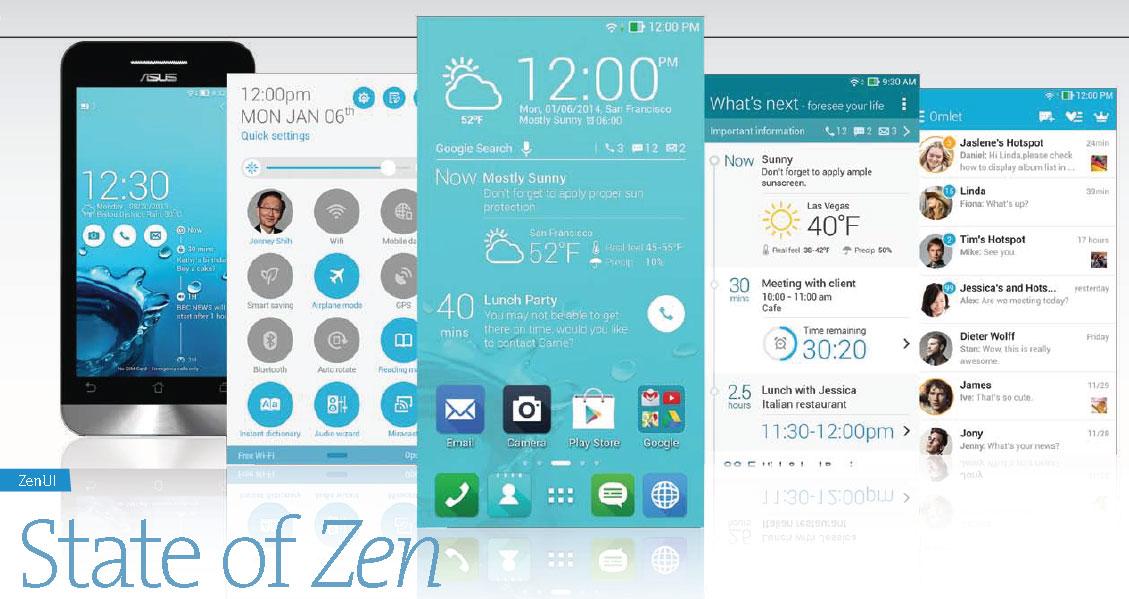 ZenFone-modellene har Android 4.3, som kan oppgraderes til 4.4 (Kitkat). Her ser du bilder av telefonenes Asus-tilpassede brukergrensesnitt. (Klikk for større bilde).Foto: Asus