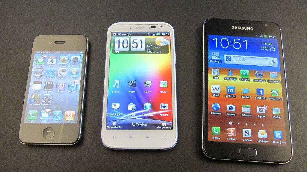 iPhone 4 blir liten ved siden av HTC Sensation XL, som blir liten ved siden av Samsung Galaxy Note ...