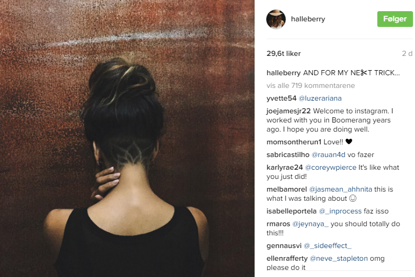HÅRKUNST: Undercuten som danner bildet av en lotusblomst er Halle Berrys siste triks. Skjermdump: Instagram