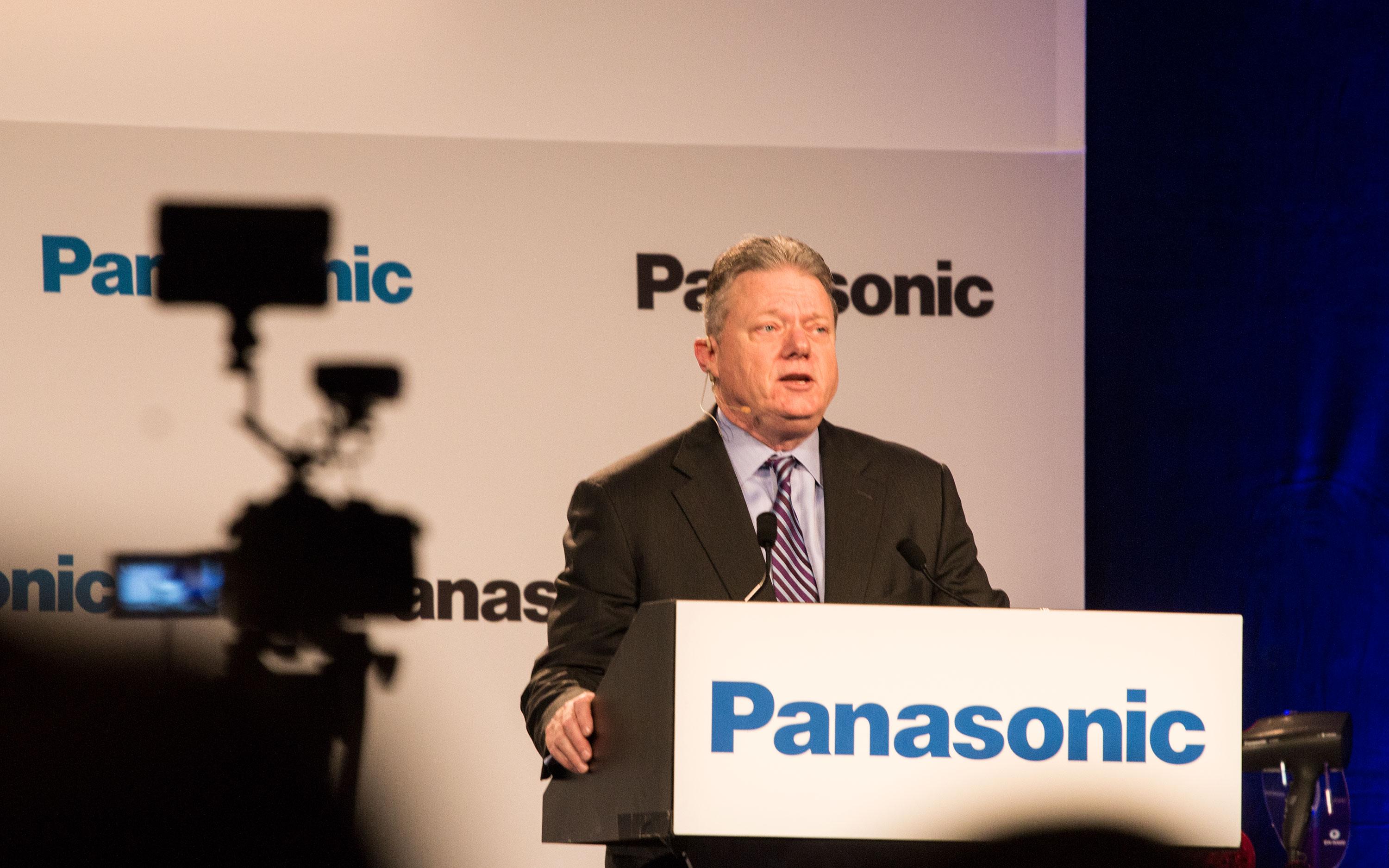 Joseph M. Taylor, Panasonics toppsjef i Nord-Amerika, på talerstolen under selskapets pressekonferanse.Foto: Varg Aamo, Hardware.no