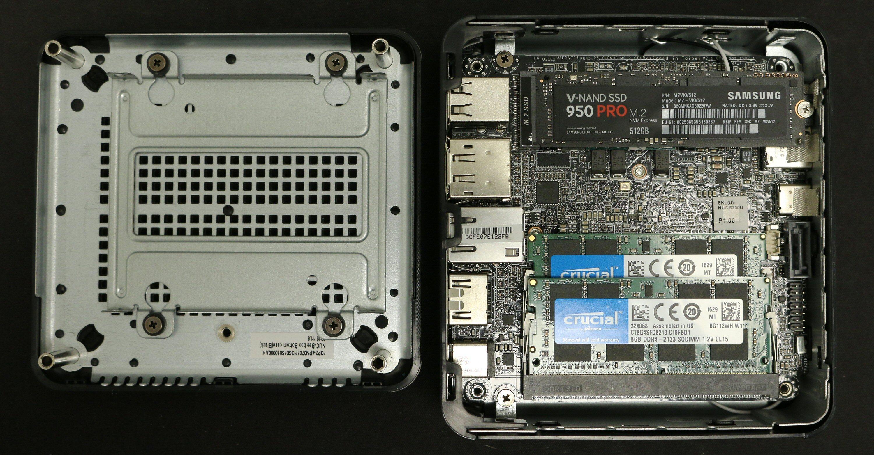 ASRock Beebox-S med RAM-moduler og en M.2-SSD (2280) på plass.
