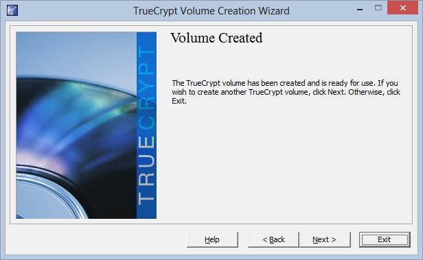 Når TrueCrypt har gjort jobben sin, lukker vi veiviseren, og er klare til å ta filbeholderen i bruk.