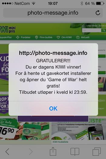 Slik ser en av svindelmeldingene ut. Game of War er et mobilspill med haugevis av "kjøp i app" og mye reklame.Foto: Kiwi