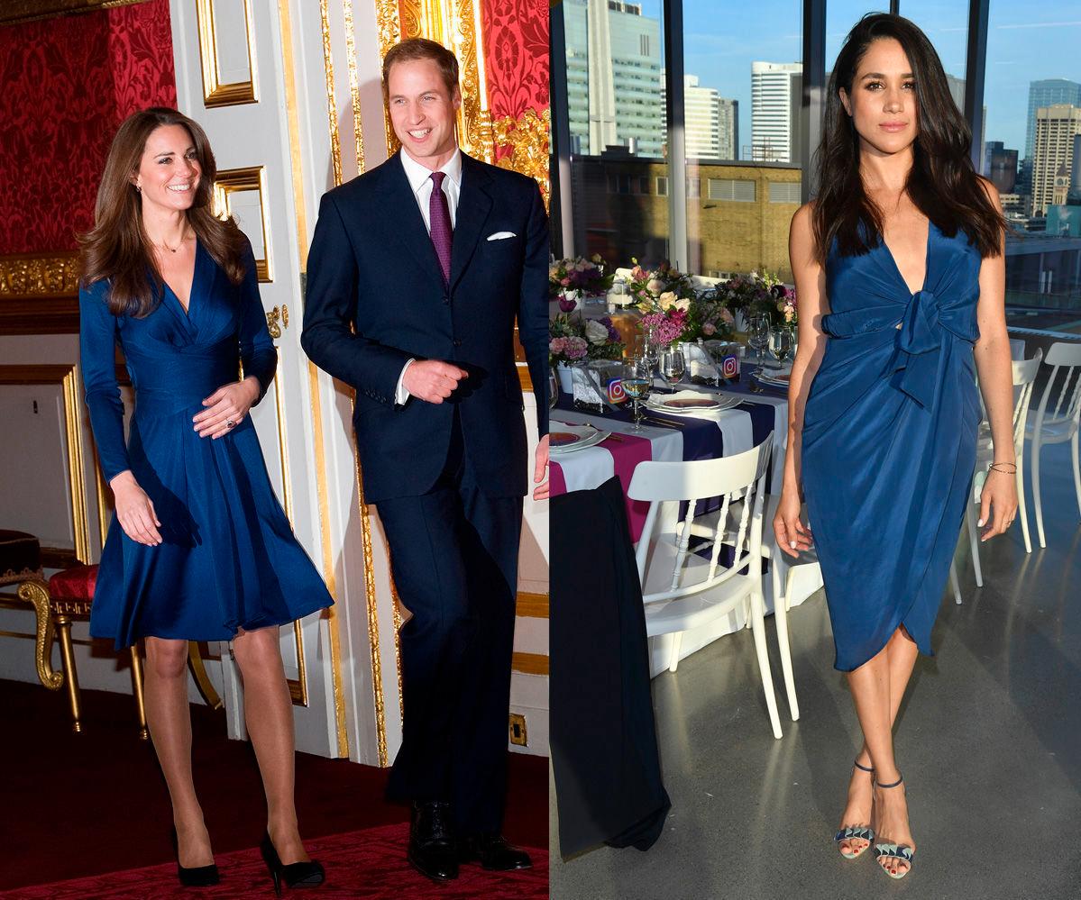 MER BLÅTT: Hertuginne Kate da forlovelsen med Prins William ble annonsert og Meghan Markle på middag arrangert av MARS i 2016. Foto: Getty Images.