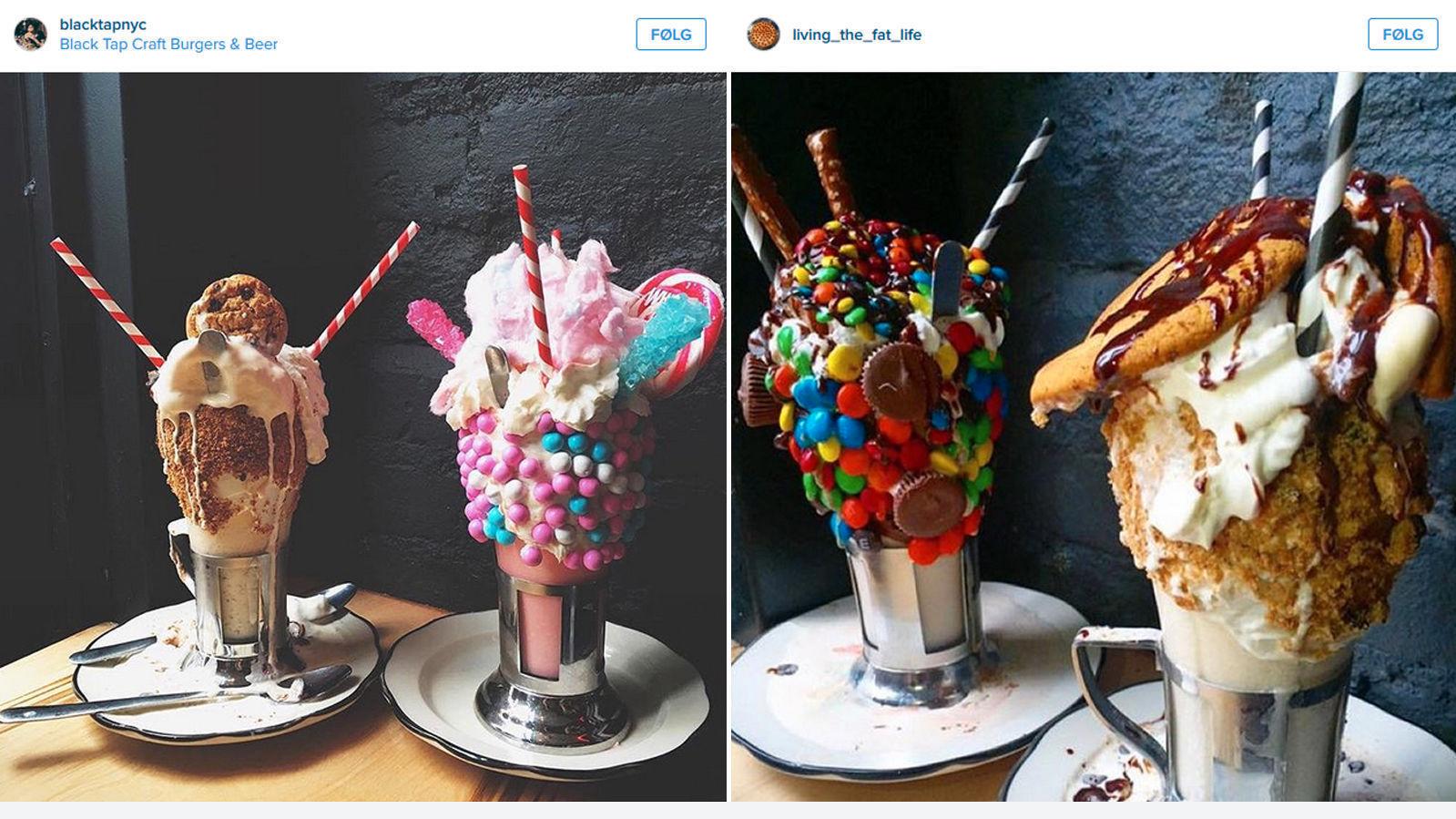 GIGANTISKE MILKSHAKER: Den seneste desserttrenden i New York ser utvilsomt fristende ut! Foto: Skjermdump Instagram