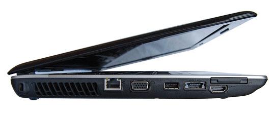 På venstresiden: Kensigtonlås, LAN, VGA, én USB, eSATA/USB, HDMI og ExpressCard