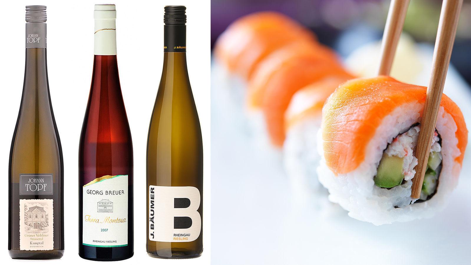 HVITT: Det må være hvit vin til sushi, og kanskje aller helst en tørr Riesling.Foto: Produsentene/NTB Scanpix