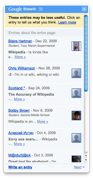 Med Sidewiki kunne besøkende til et nettsted gi tilbakemeldinger utenfor administratorenes kontroll.Foto: Wikipedia