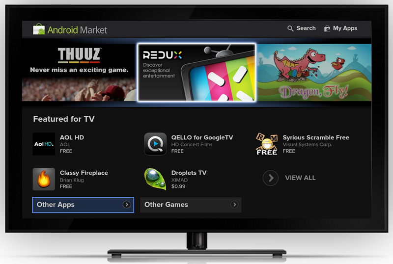 Googles nye grensesnitt for TV-er vil la deg kjøpe og laste ned apper fra Android Market.