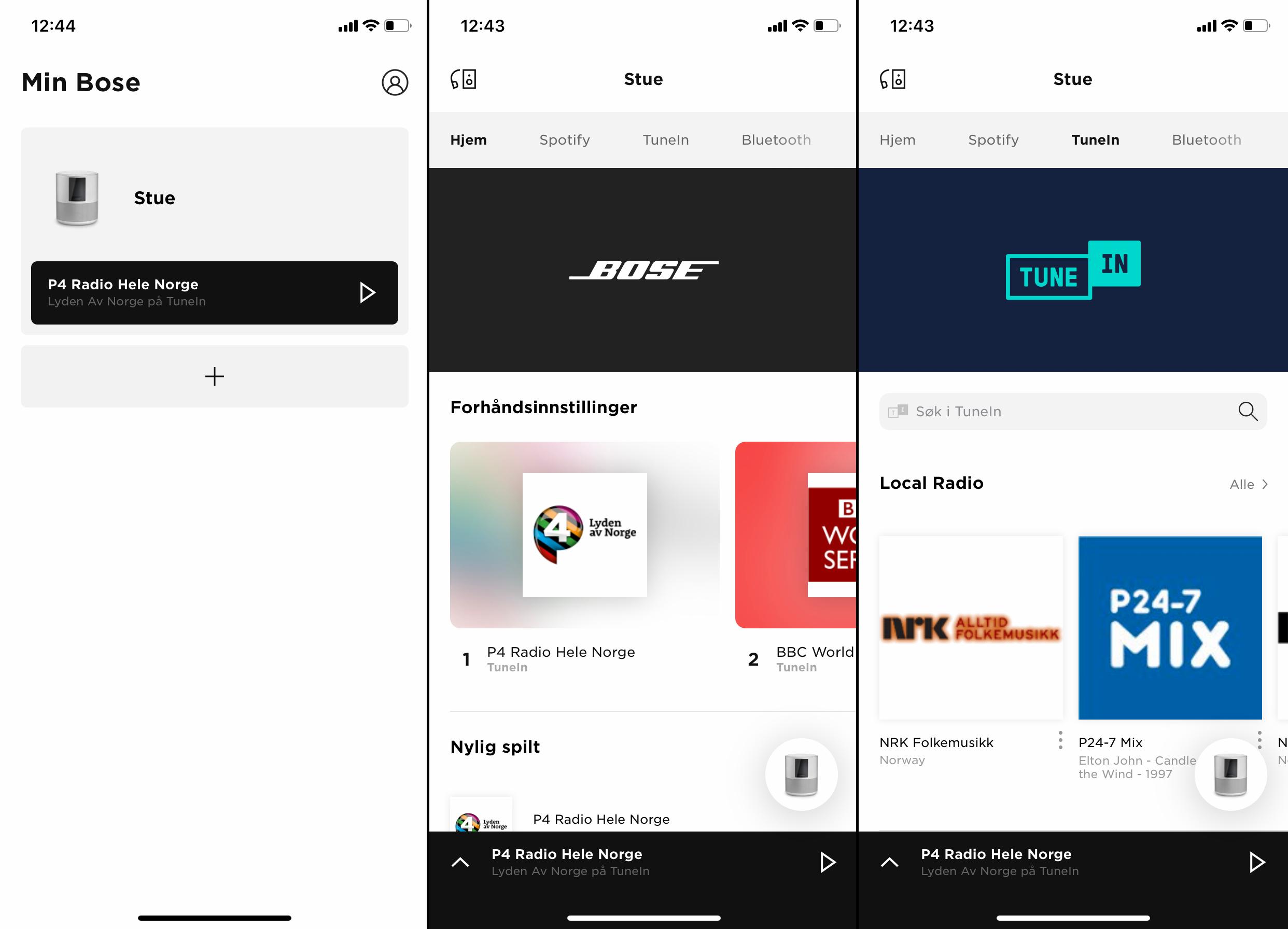 Du kan koble Spotify-kontoen din til Bose-appen, eller du kan velge å spille direkte fra Spotify. Her finnes også radiokanaler gjennom TuneIn.
