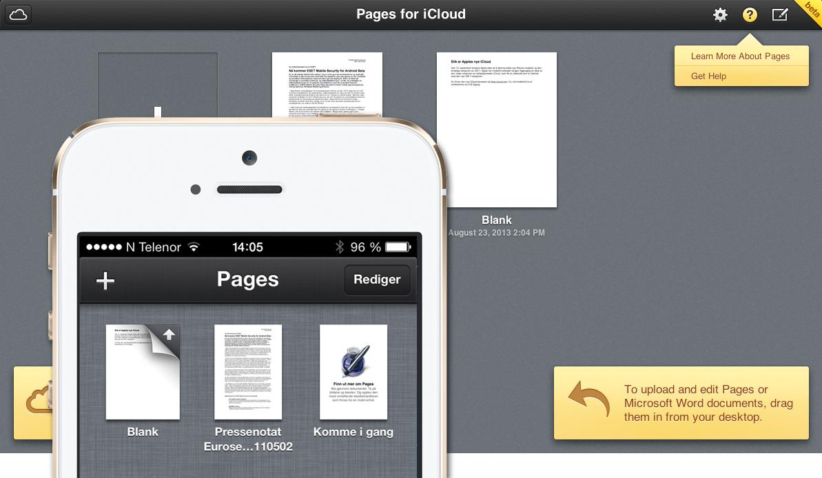 Med Pages, Numbers og Keynote for iCloud kan du jobbe med dokumenter på PC-en, og fortsette på mobilen.