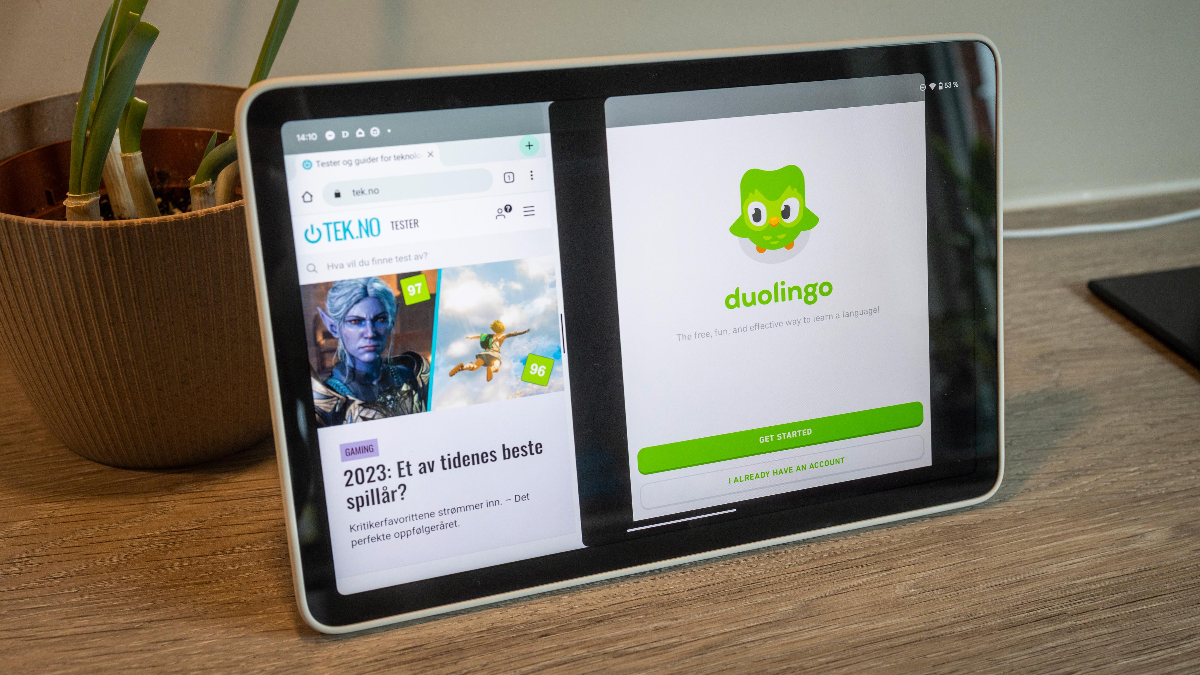 Duolingo-appen er et eksempel på en app som ikke har noen ordentlig skalering for landskapsmodus på Pixel Tablet. Facebook og Messenger er to andre. 