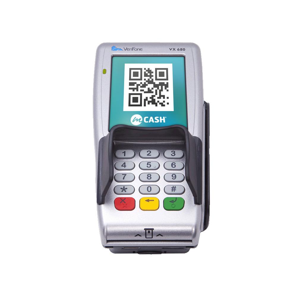 Med mCash kan du betale ved å scanne en QR-kode, her på en Point-terminal.Foto: Mcash