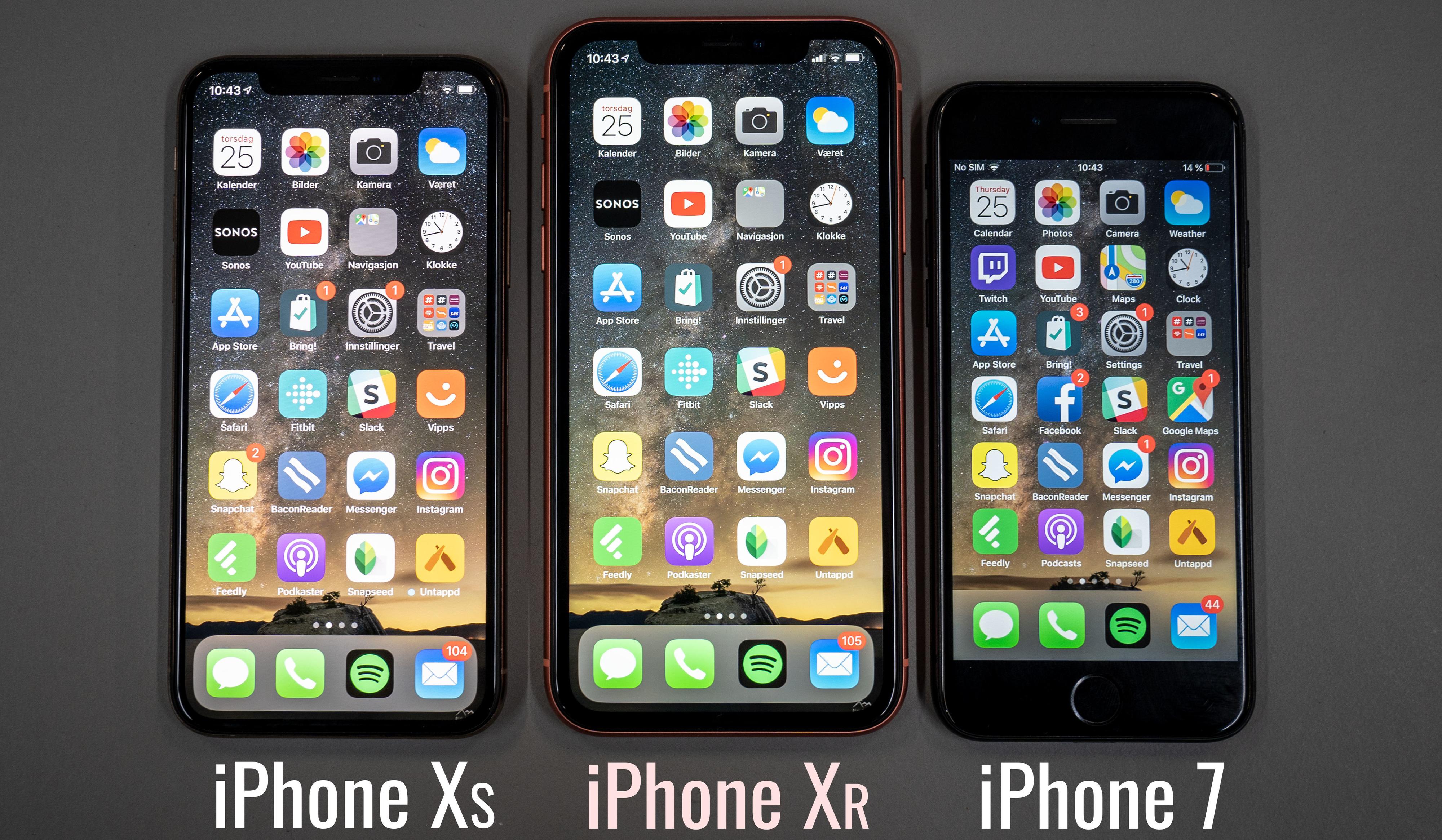 Litt større enn Xs, betydelig større enn iPhone 7 og dens like. iPhone Xs Max er enda større.