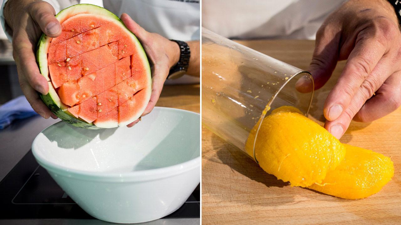 EFFEKTIVT: Å servere vannmelon eller mango blir en lek fremover med disse kuttetriksene. Foto: Patrick da Silva Sæther