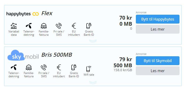 Vår tjeneste mobilabonnement viser at Sky Mobil har inkludert data for 9 kroner mer i måneden. 