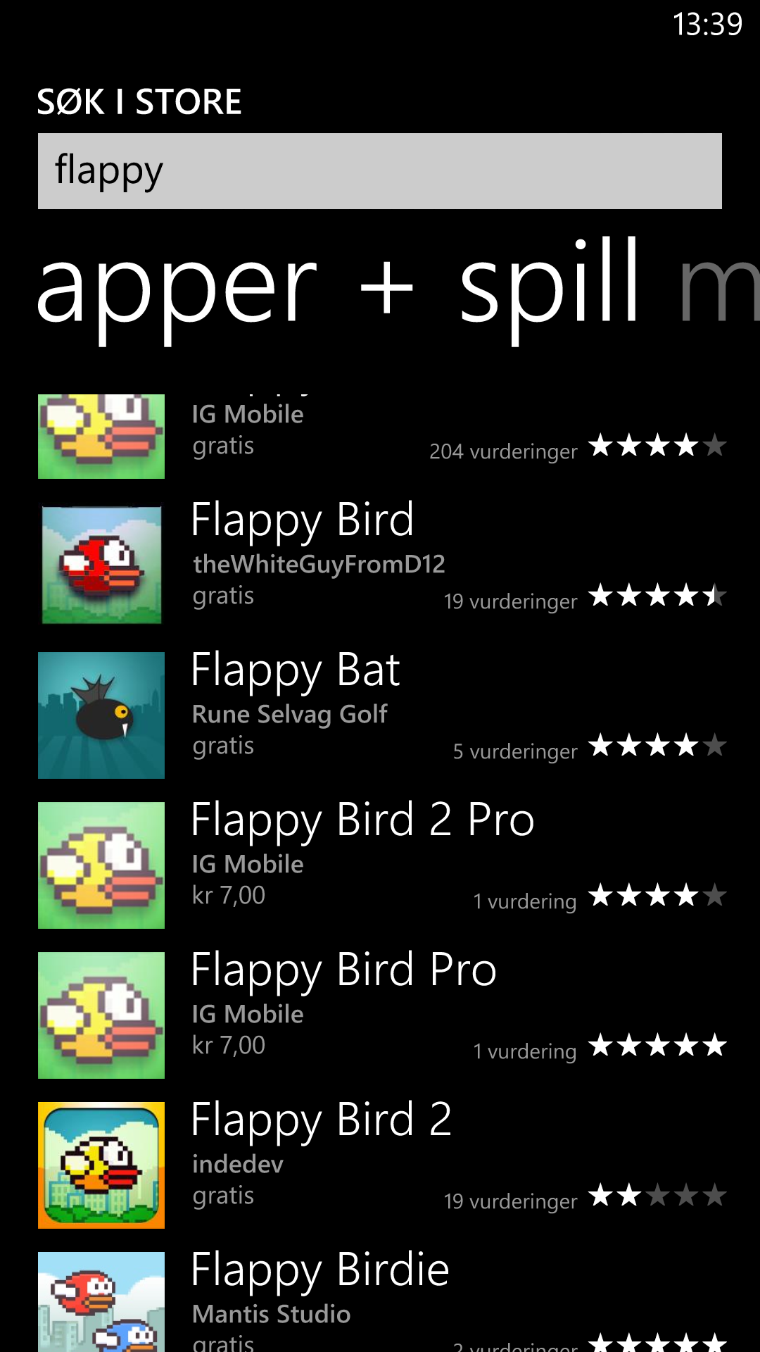 Mens både Apple og Google har satt bremsene på for Flappy Bird-klonene, er det tett mellom dem i Microsofts appbutikk.Foto: Finn Jarle Kvalheim, Amobil.no