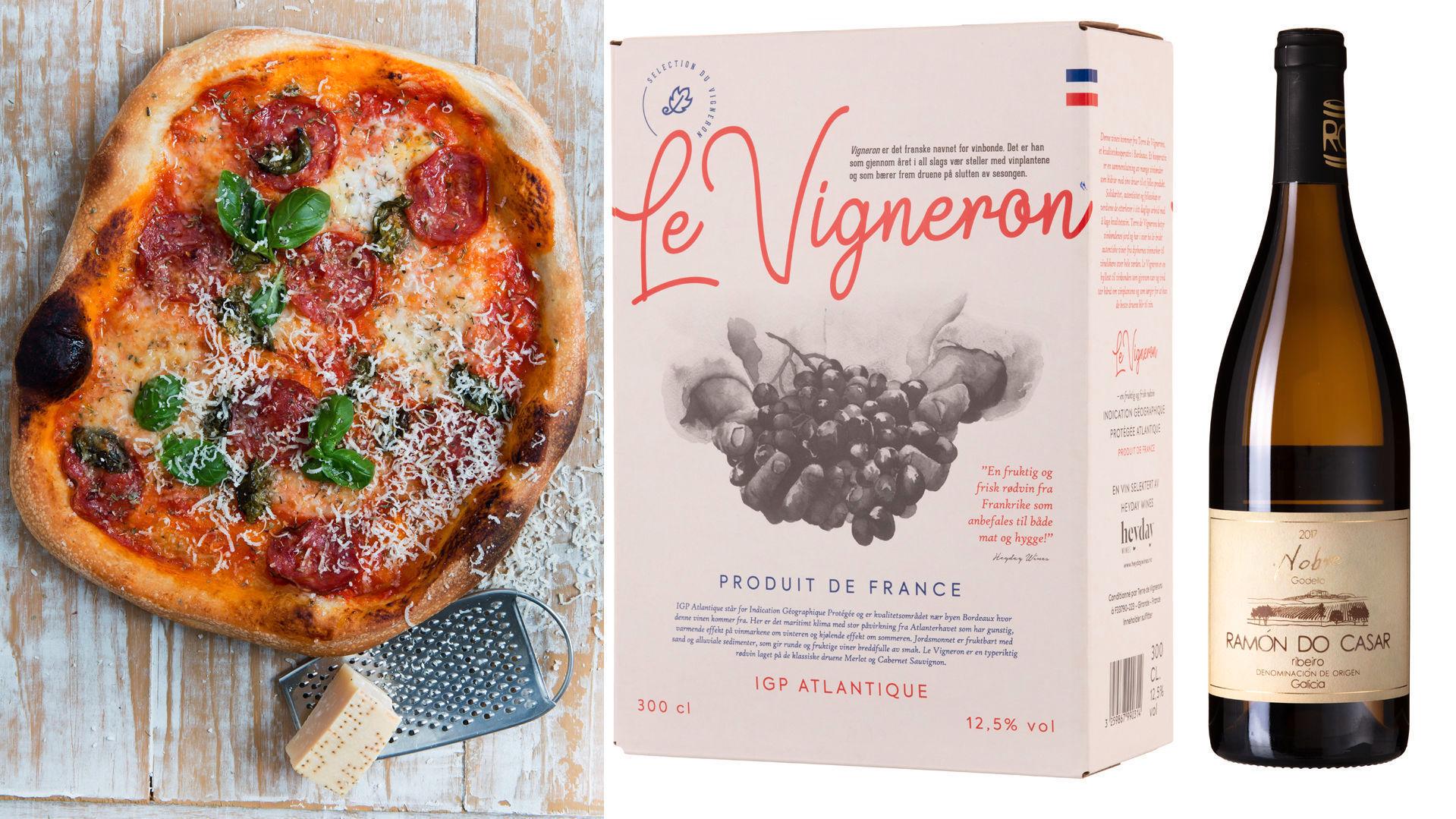 TERNINGKAST 6: Le Vigneron 2017 (midten) passer utmerket til pizza eller pasta. Foto: Christian Brun/Produsentene