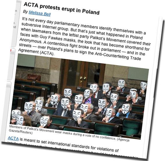 Det polske Palikot-partiet møtte opp på nasjonalforsamlingen iført hjemmelagde Guy Fawkes-masker. (Faksimile: Washington Post)