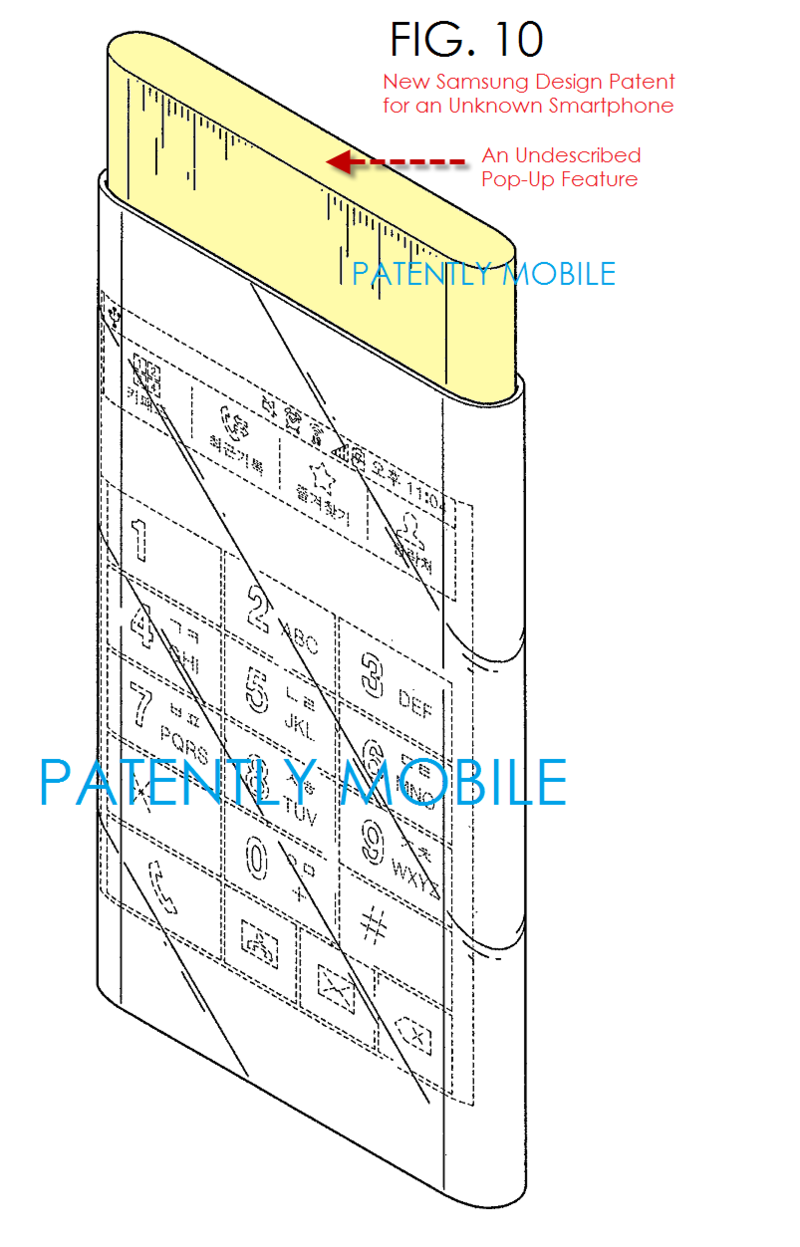 Den lekkede patenttegningen vise en mobiltelefon fra Samsung som kan være Glaxy S6 med både buet skjermpanel og en utfellbar kjerne. Foto: Patently Mobile