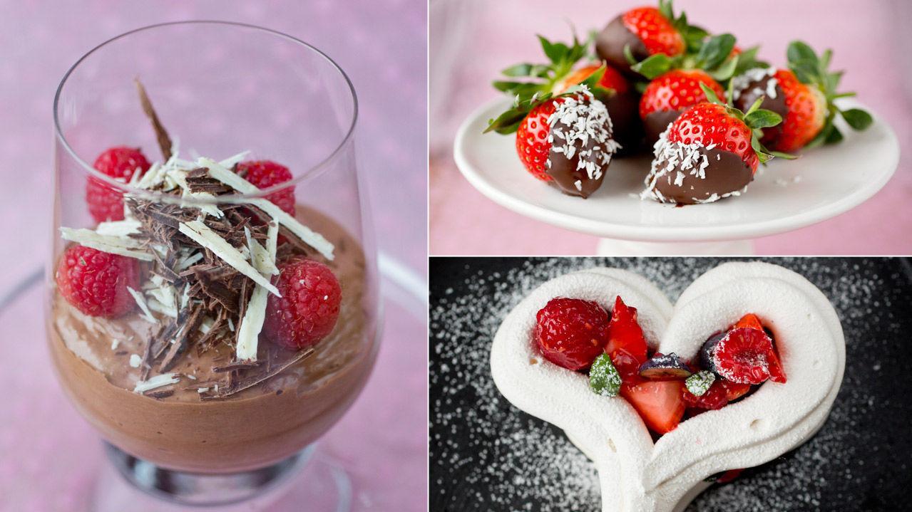 PERFEKT FOR TO: Nyt kjærlighetens dag over en luftig sjokolademousse, friske jordbær dyppet i mørk sjokolade eller et knasende godt marengshjerte. Foto: Sara Johannessen/VG